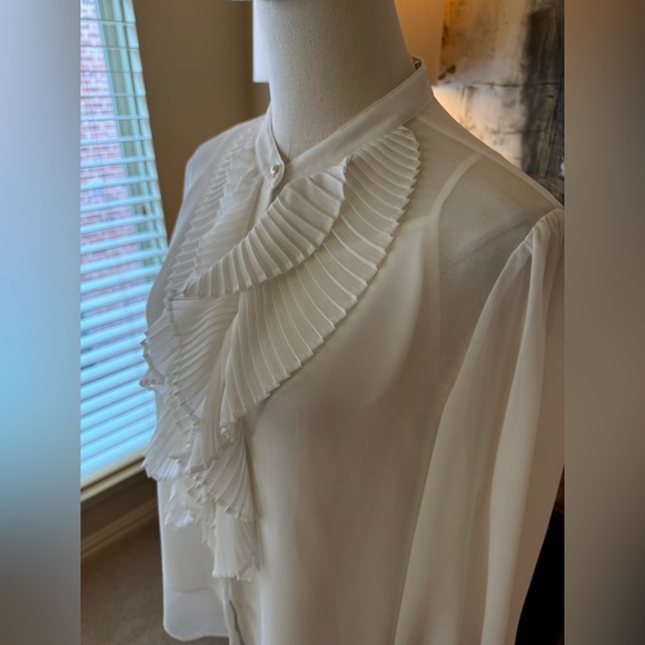 White House Black Market White Sheer Pleated Ruffled blouse -M - Picture 5 of 8